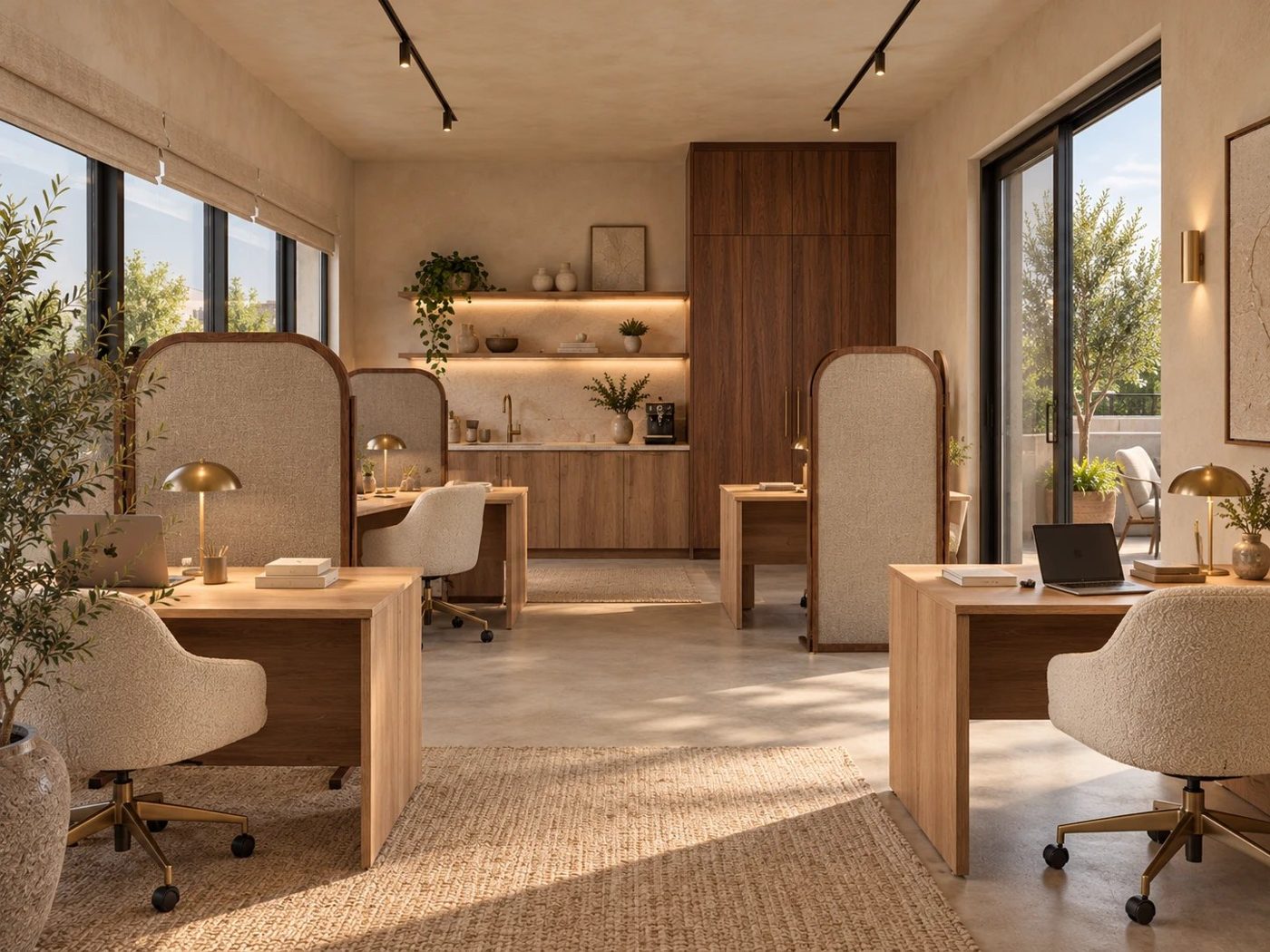 Artist impression van The Workspace met vier losse werkplekken en walnoten roomdividers
