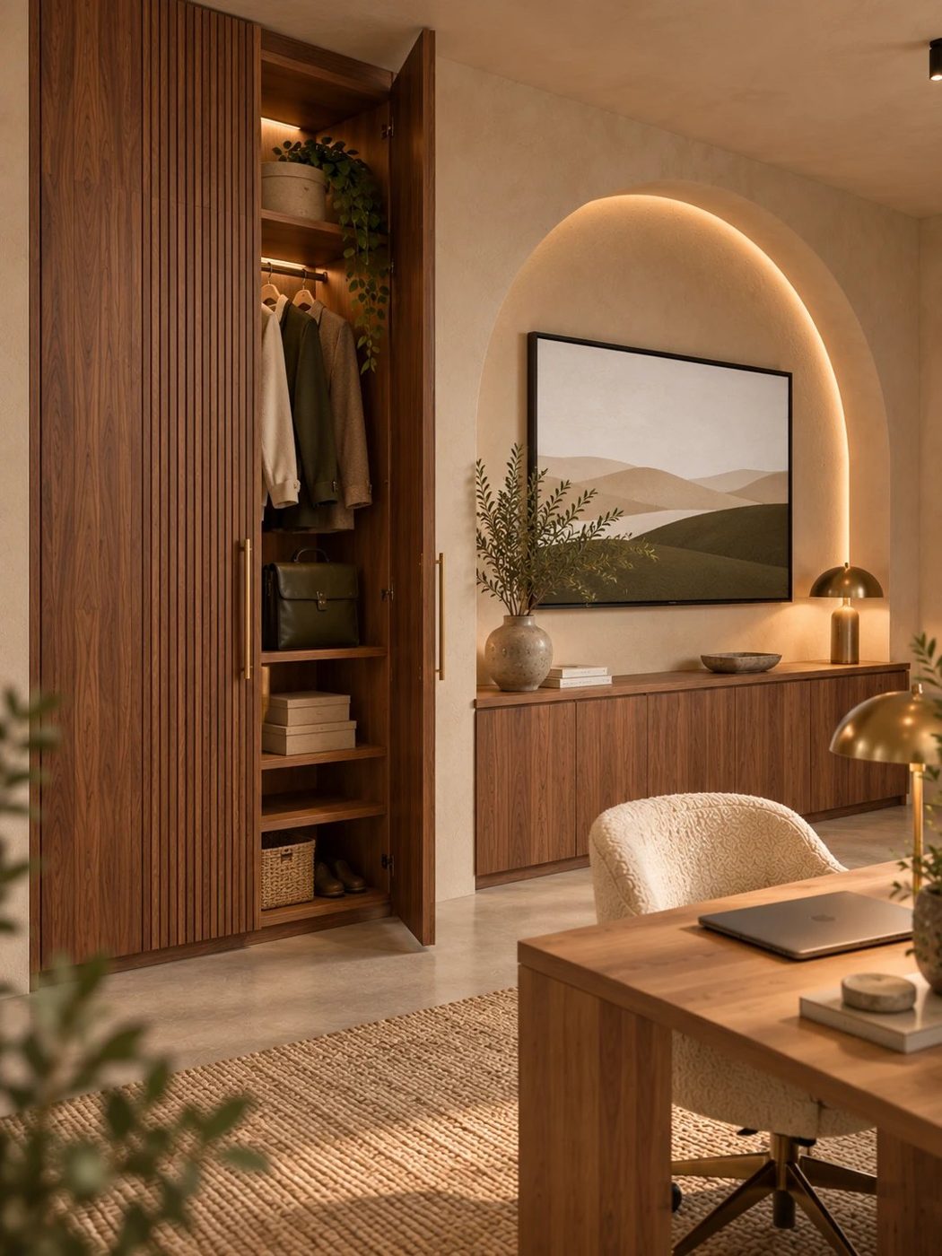 Artist impression van de walnoten garderobe en de presentatiewand in een boognis