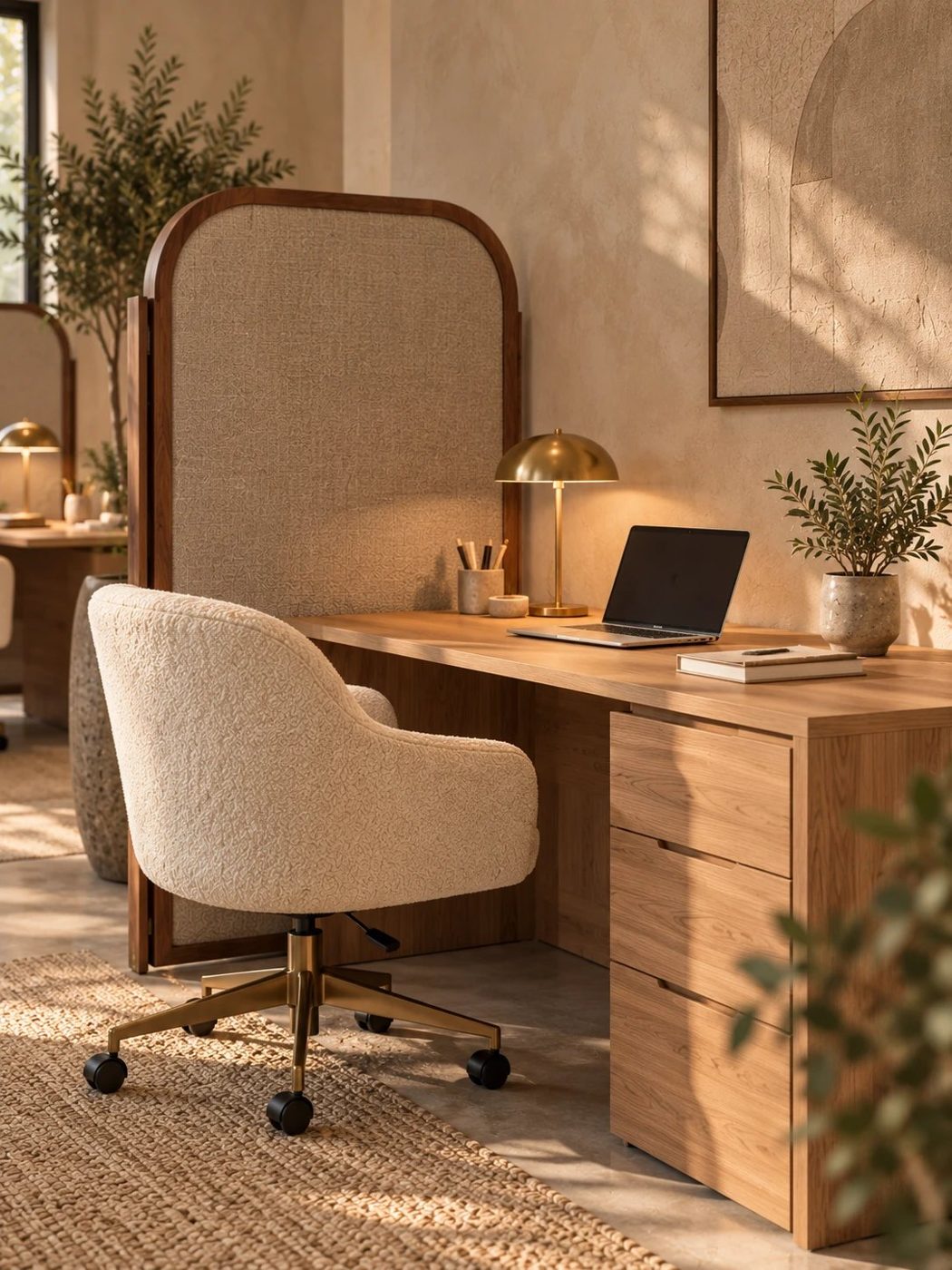 Artist impression van een werkplek met walnoten roomdivider